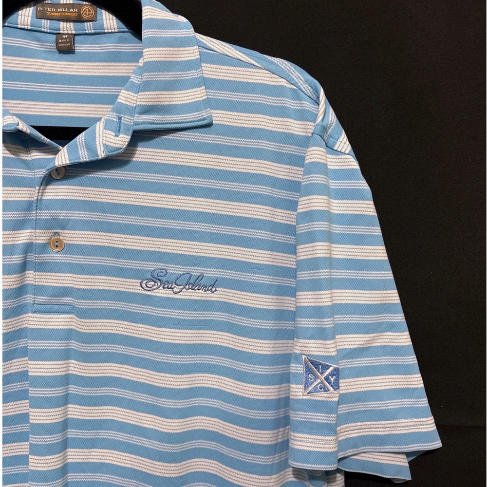 Peter Millar Polo Shirt Medium Blue Nautical Sea Island Striped Summer Comfort